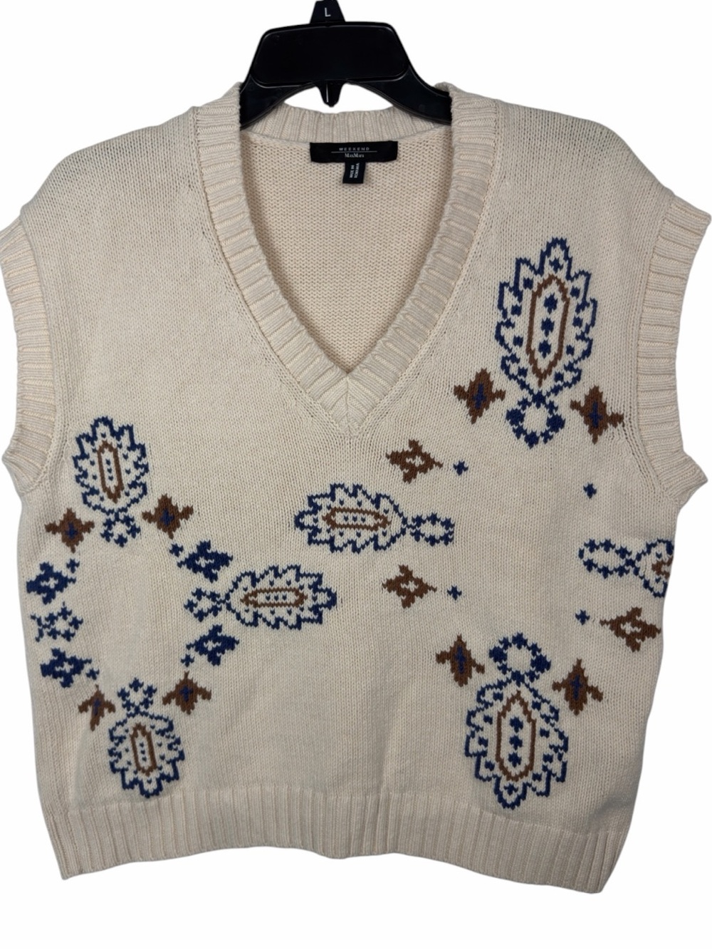 Weekend MaxMara Crusca NWOT Ivory Knit V-Neck Vest W/Blue & Brown Pattern. Small - Picture 16 of 16
